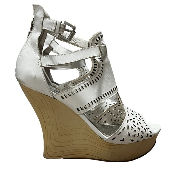 Guess Agenta White Leather Wooden Wedge Heels Sz 6.5 Womens Open Toe Ankle - Picture 1 of 16